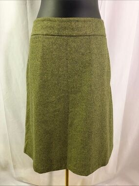 Lands’ End Green Herringbone Print Wool Silk Blend A-Line Skirt